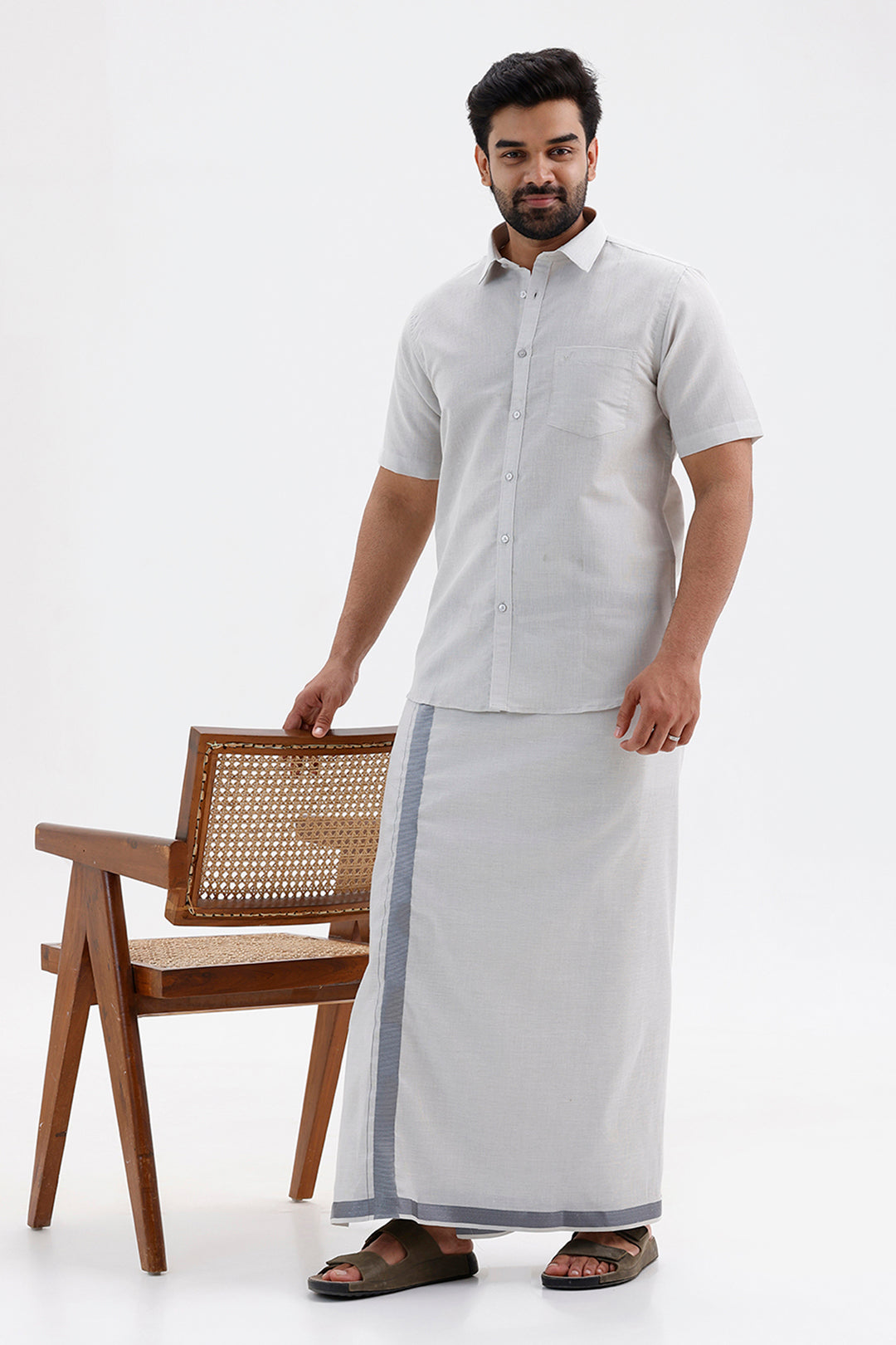 Men's Jari Single Dhoti Tissue Set with Steel Grey Shirt