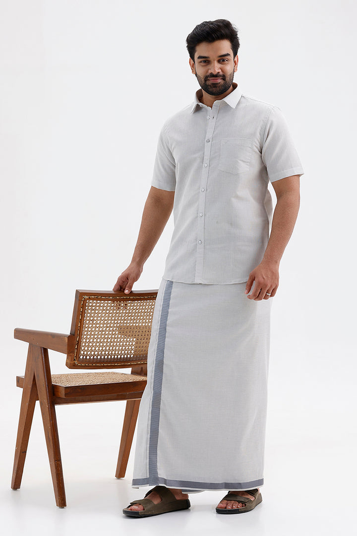 Men's Jari Single Dhoti Tissue Set with Steel Grey Shirt