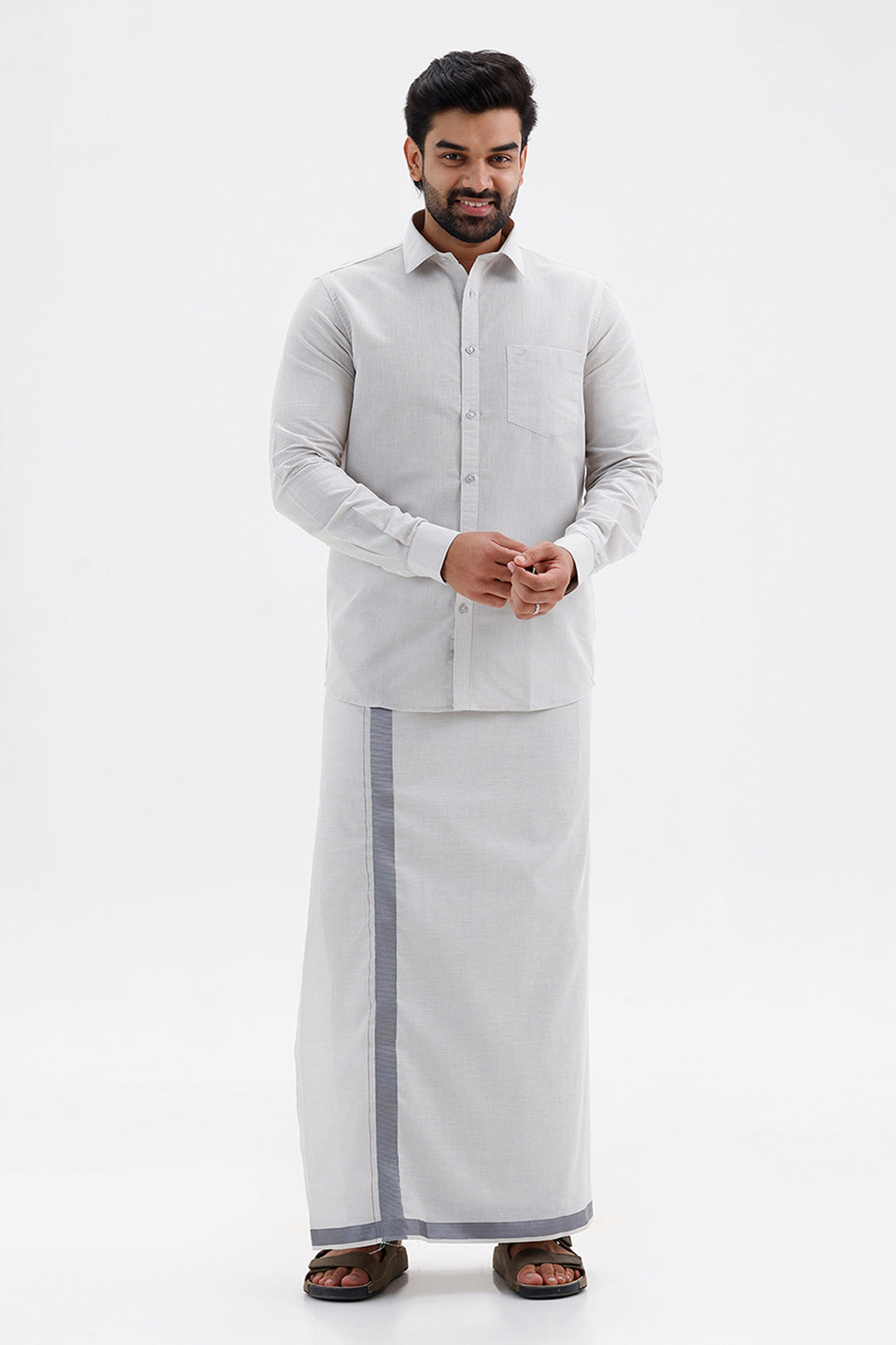 Vaibhav Steel Grey Shirt and Jari Single Dhoti Tissue Set