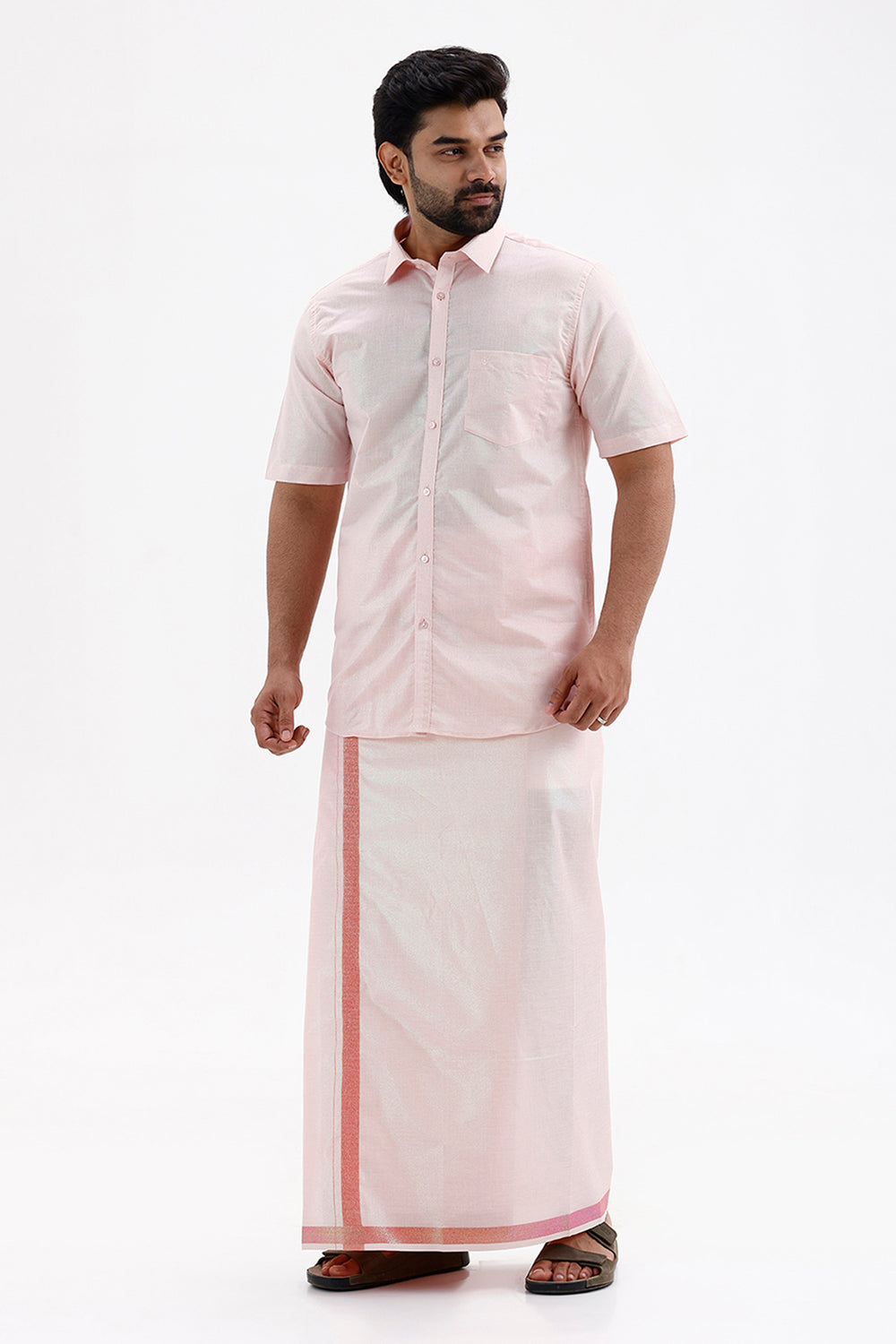 Men's Vaibhav Flash Shirt and Jari Single Dhoti Tissue Set