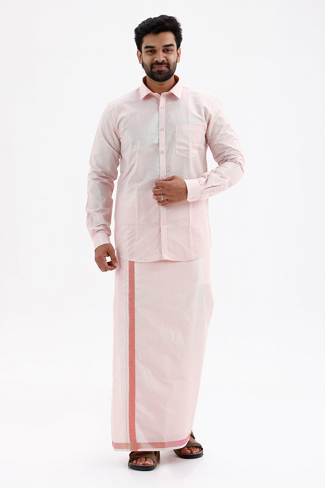 Men's Vaibhav Flash Shirt and Jari Single Dhoti Tissue Set