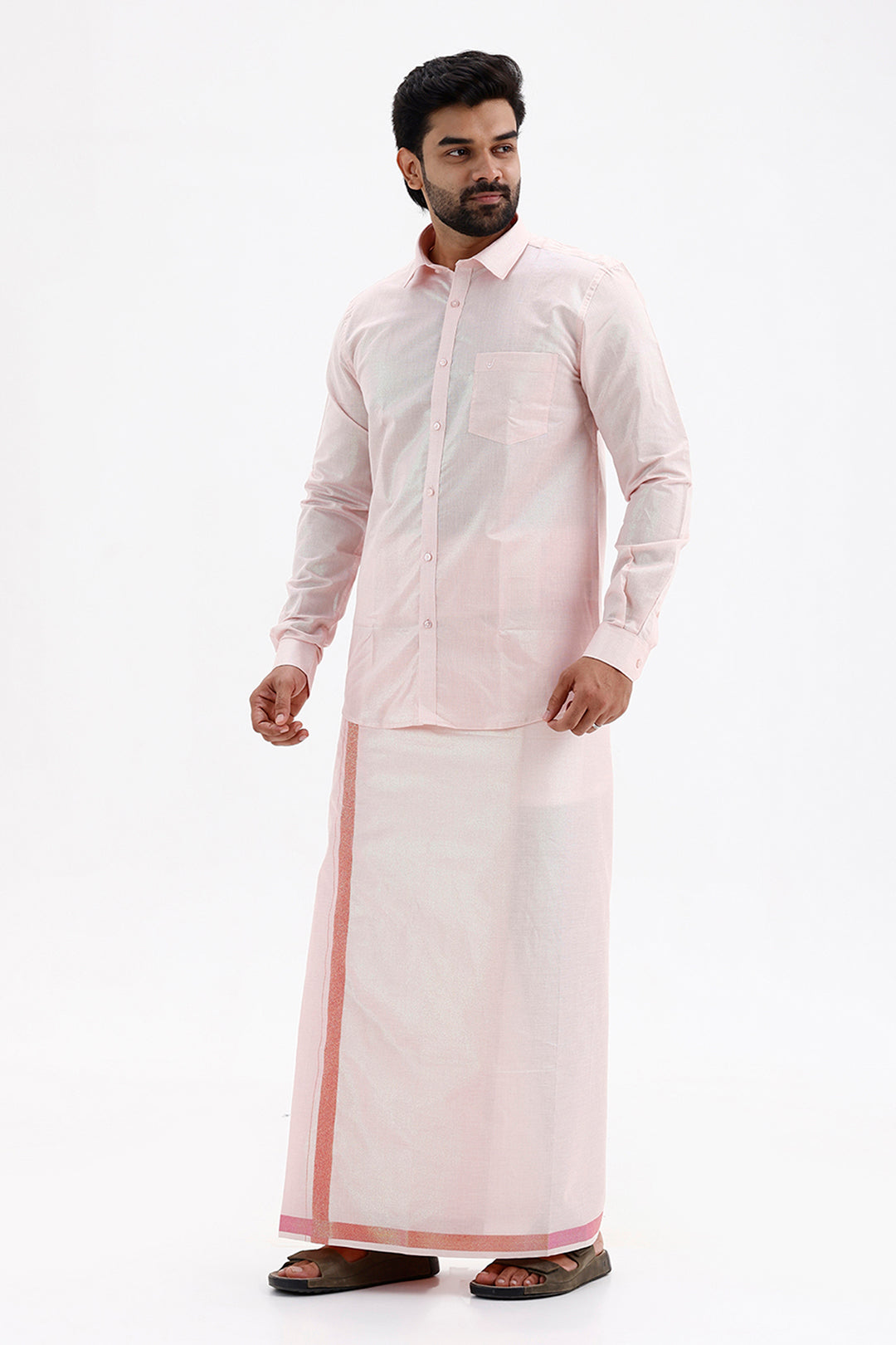 Flash Shirt with Jari Single Dhoti Tissue Set for Men