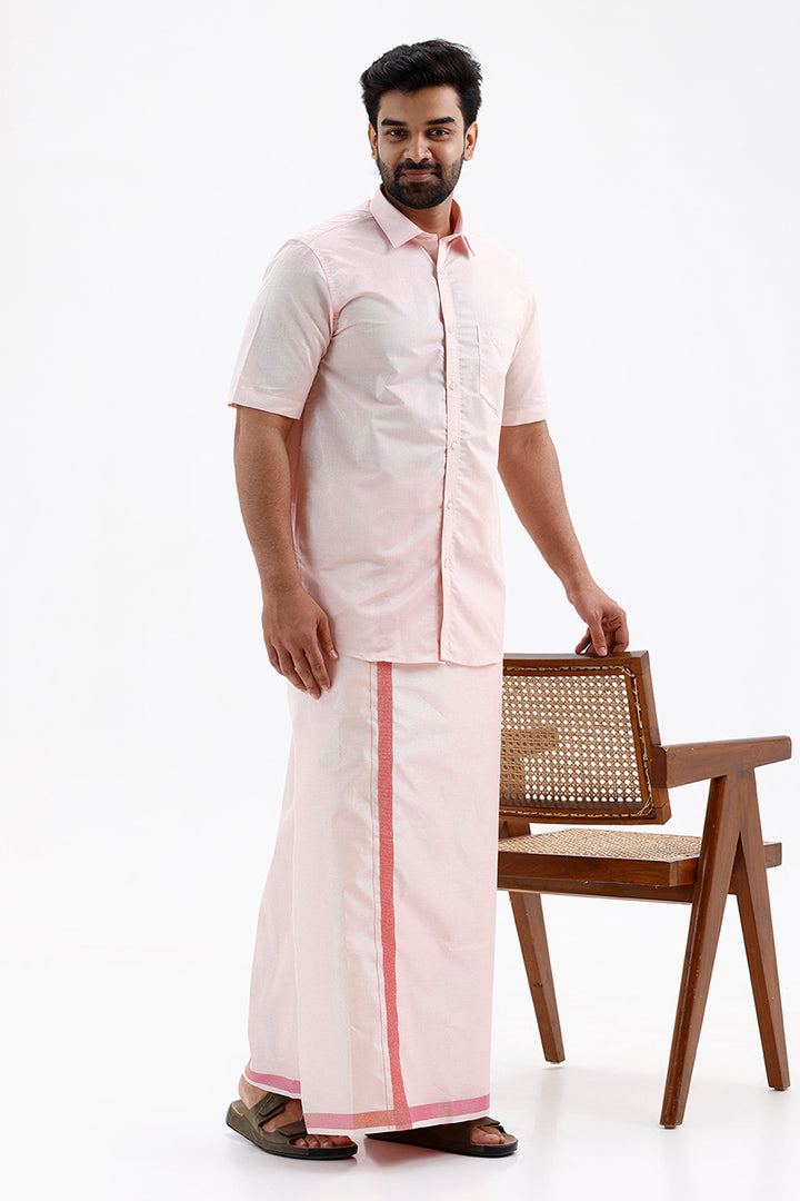 Vaibhav Flash Shirt and Jari Single Dhoti Veshti Set for Men
