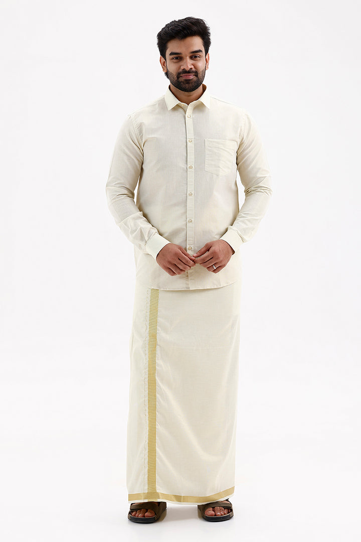 Men's Vaibhav Yellow Shirt and Jari Single Dhoti Tissue Set
