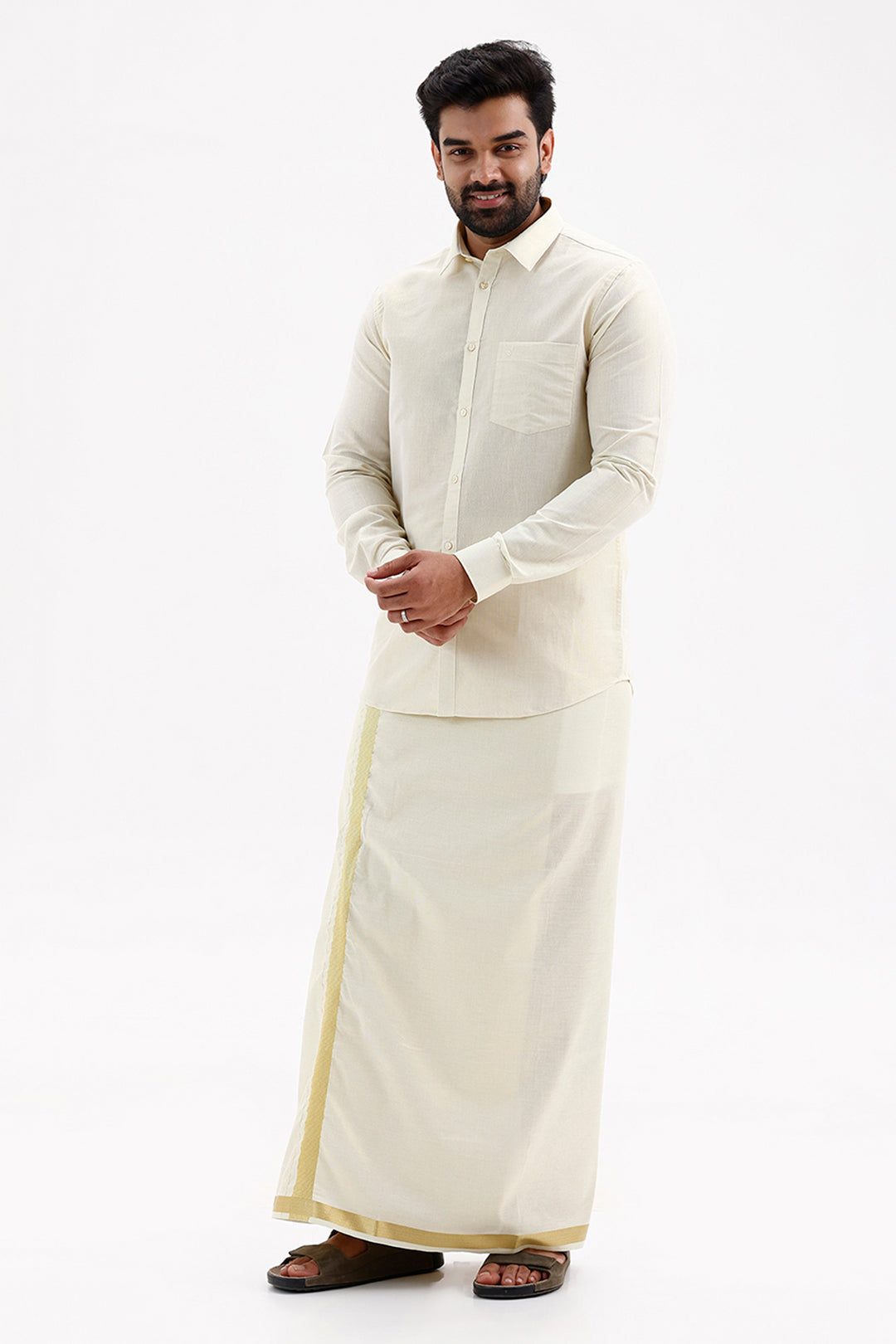 Vaibhav Traditional Yellow Shirt and Tissue Dhoti Combo Set
