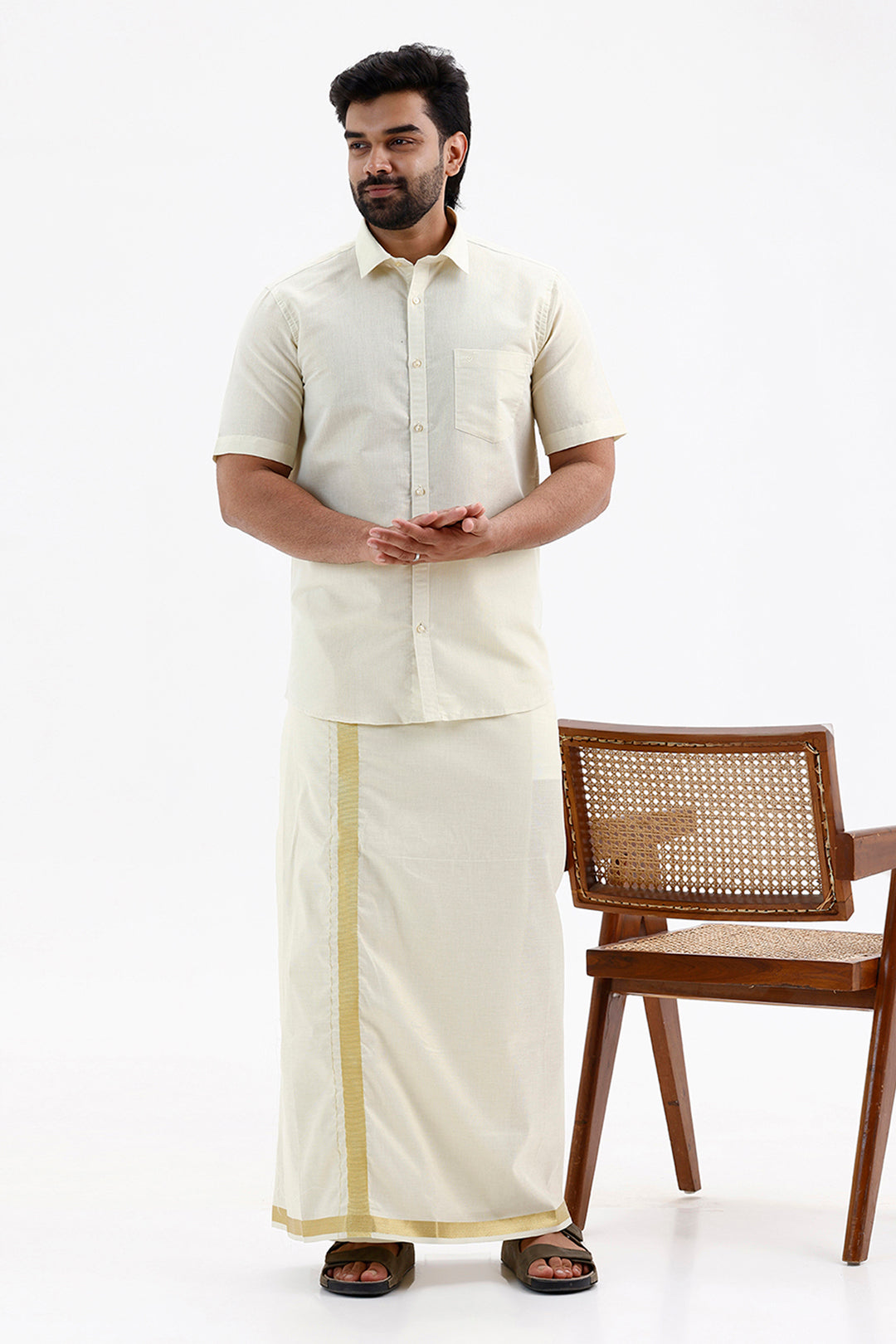 Premium Yellow Shirt and Tissue Dhoti Set for Traditional Occasions