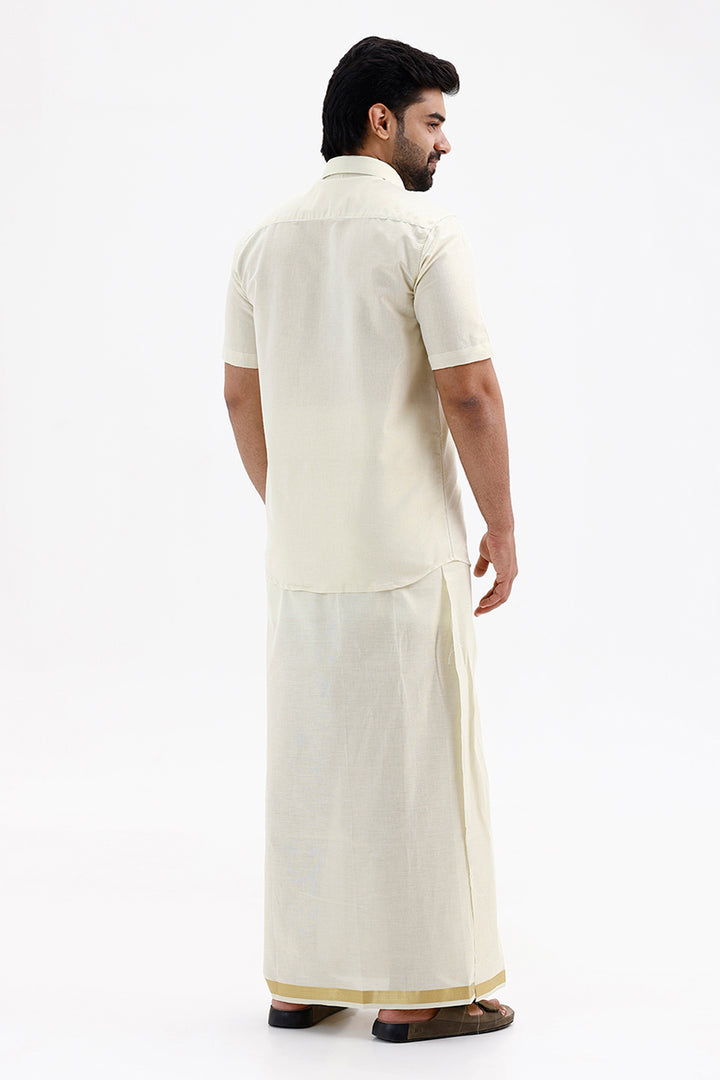 Men's Jari Single Dhoti Tissue Set with Yellow Shirt