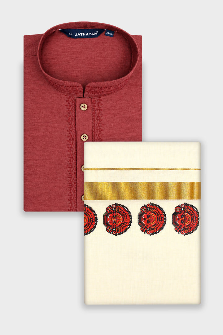 Jalore Kurta + Korra Double Layered Dhoti Set For Men (Theyyam Art Design) | Uathayam