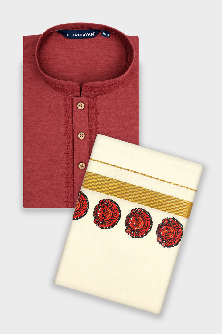 Jalore Kurta + Korra Double Layered Dhoti Set For Men (Theyyam Art Design) | Uathayam