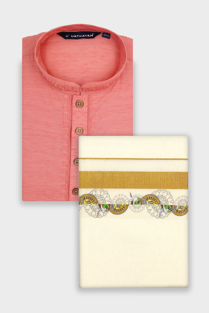 Jalore Kurta + Korra Double Layered Dhoti Set For Men (Kathakali Art Design) | Uathayam