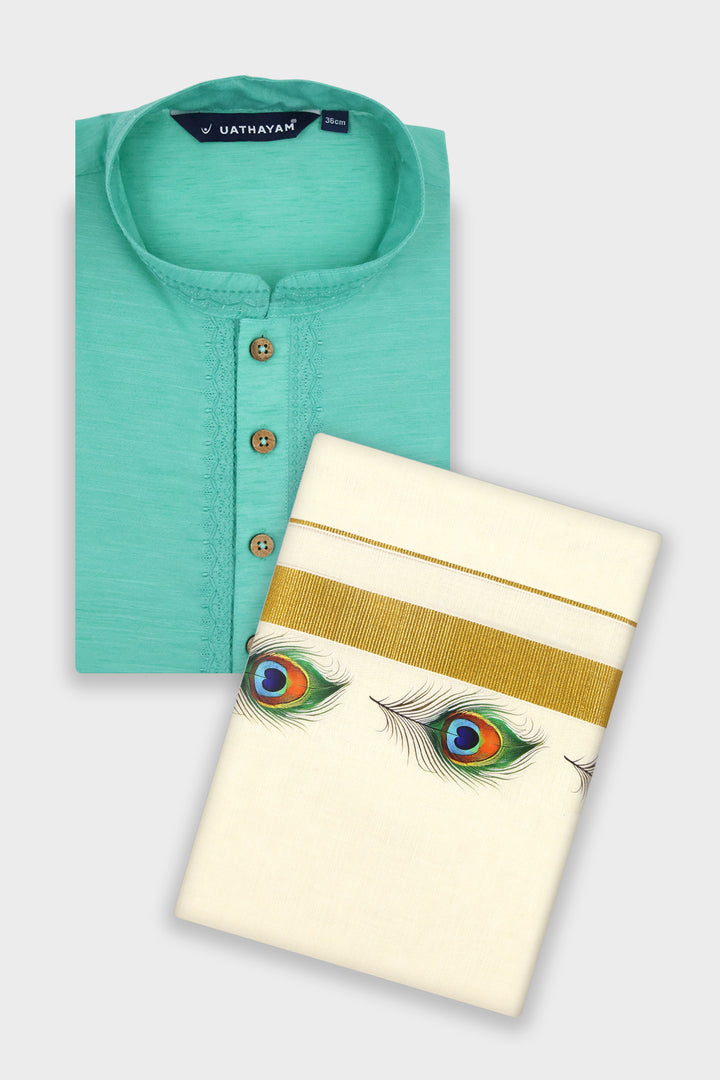 Jalore Kurta + Korra Double Layered Dhoti Set For Men (Peacock Eye Design) | Uathayam
