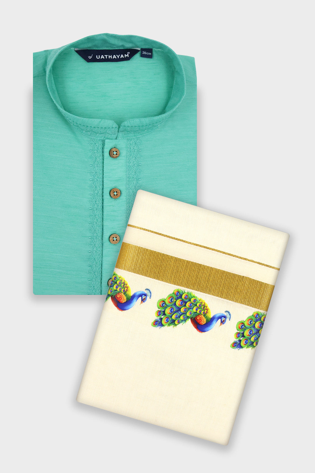 Jalore Kurta + Korra Double Layered Dhoti Set For Men (Peacock Design) | Uathayam