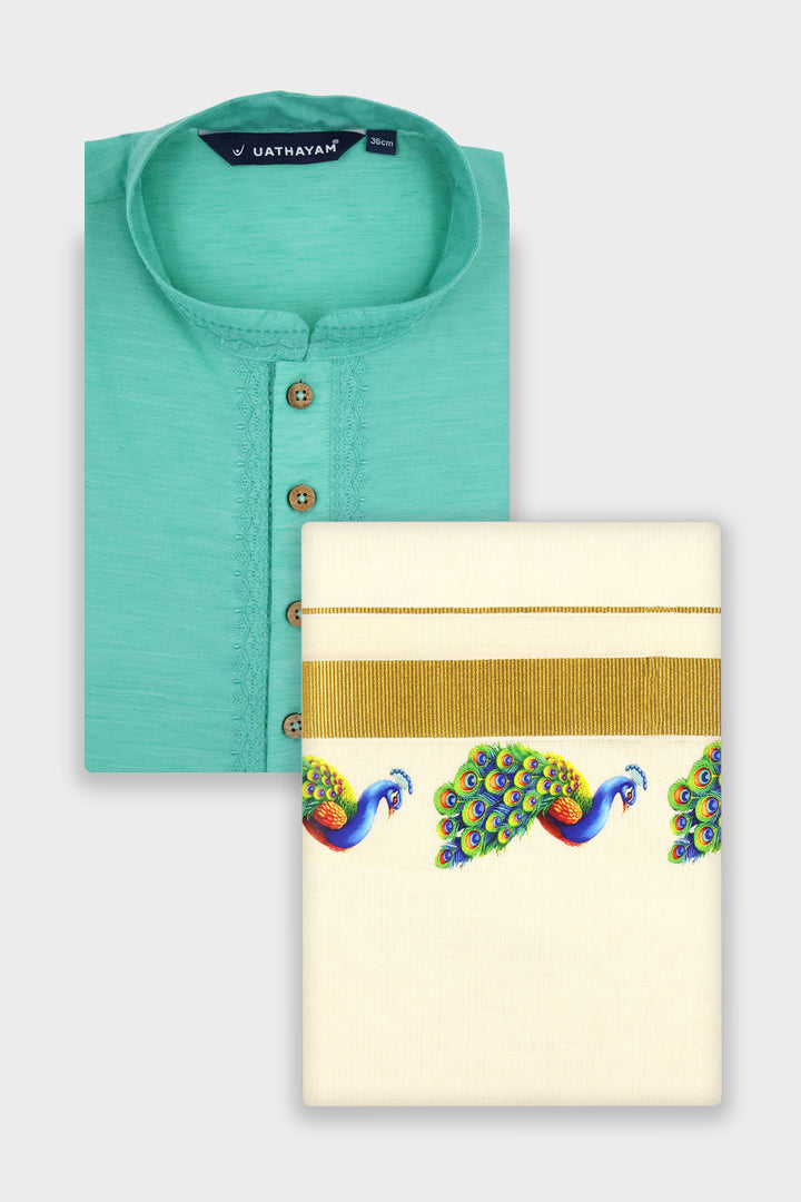 Jalore Kurta + Korra Double Layered Dhoti Set For Men (Peacock Design) | Uathayam