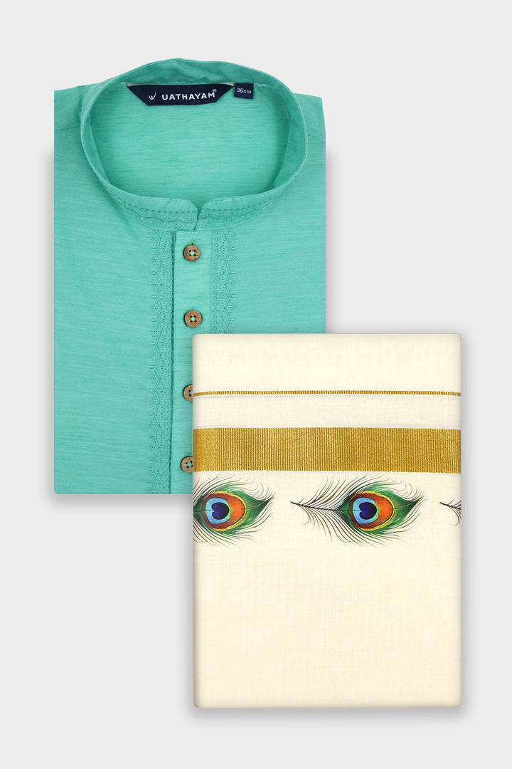 Jalore Kurta + Korra Double Layered Dhoti Set For Men (Peacock Eye Design) | Uathayam