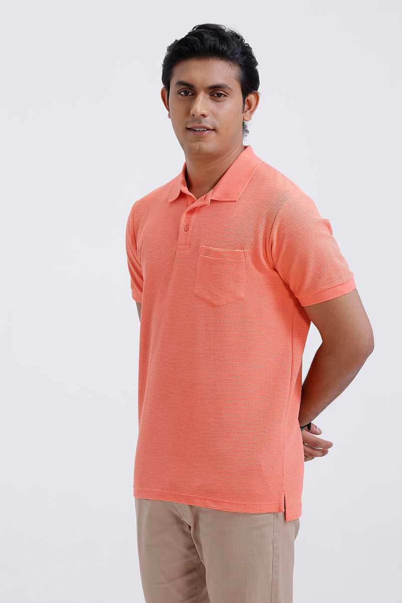 Peach casual polo T-shirt with waffle fabric
