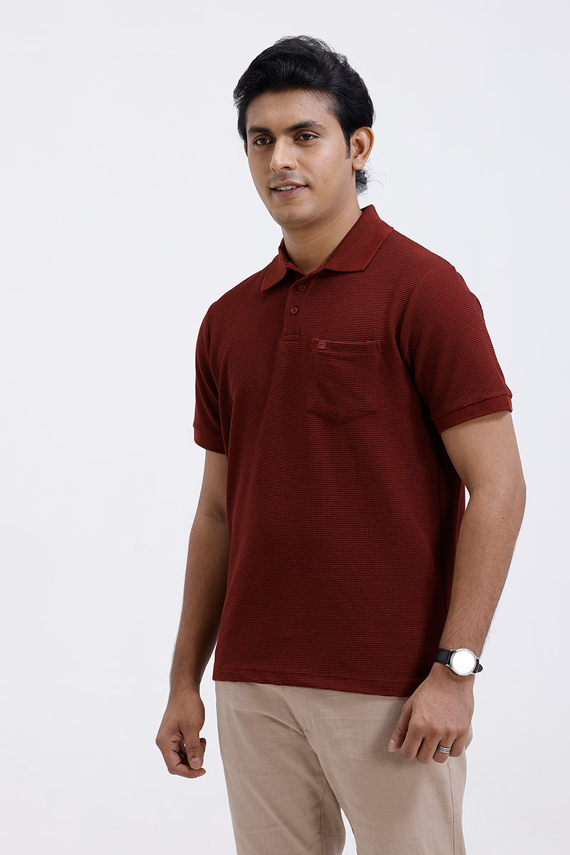 Maroon textured polo T-shirt casual wear