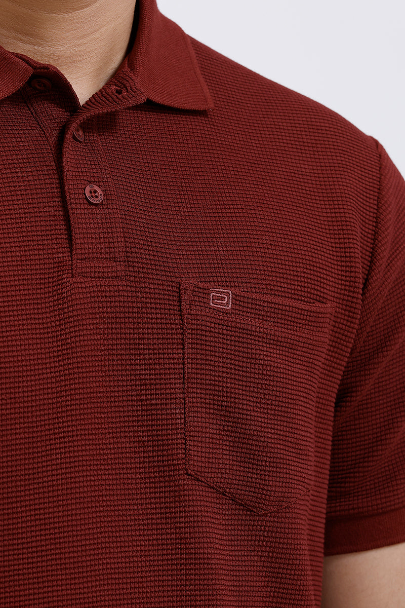 Men wearing maroon waffle polo T-shirt