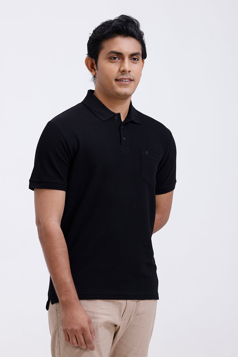 ariser men waffle knit black polo t-shirt