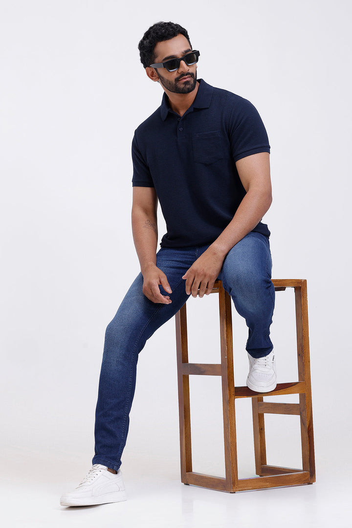 men classic navy blue waffle polo t-shirt