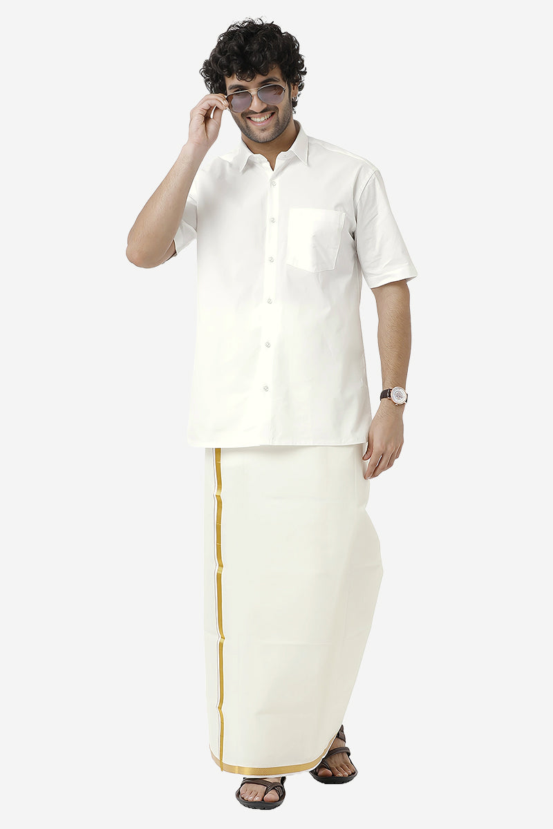 UATHAYAM Premium Cotton Cream Shirt and Leo Cream Gold Jari Double Dhoti Set Collection For Men