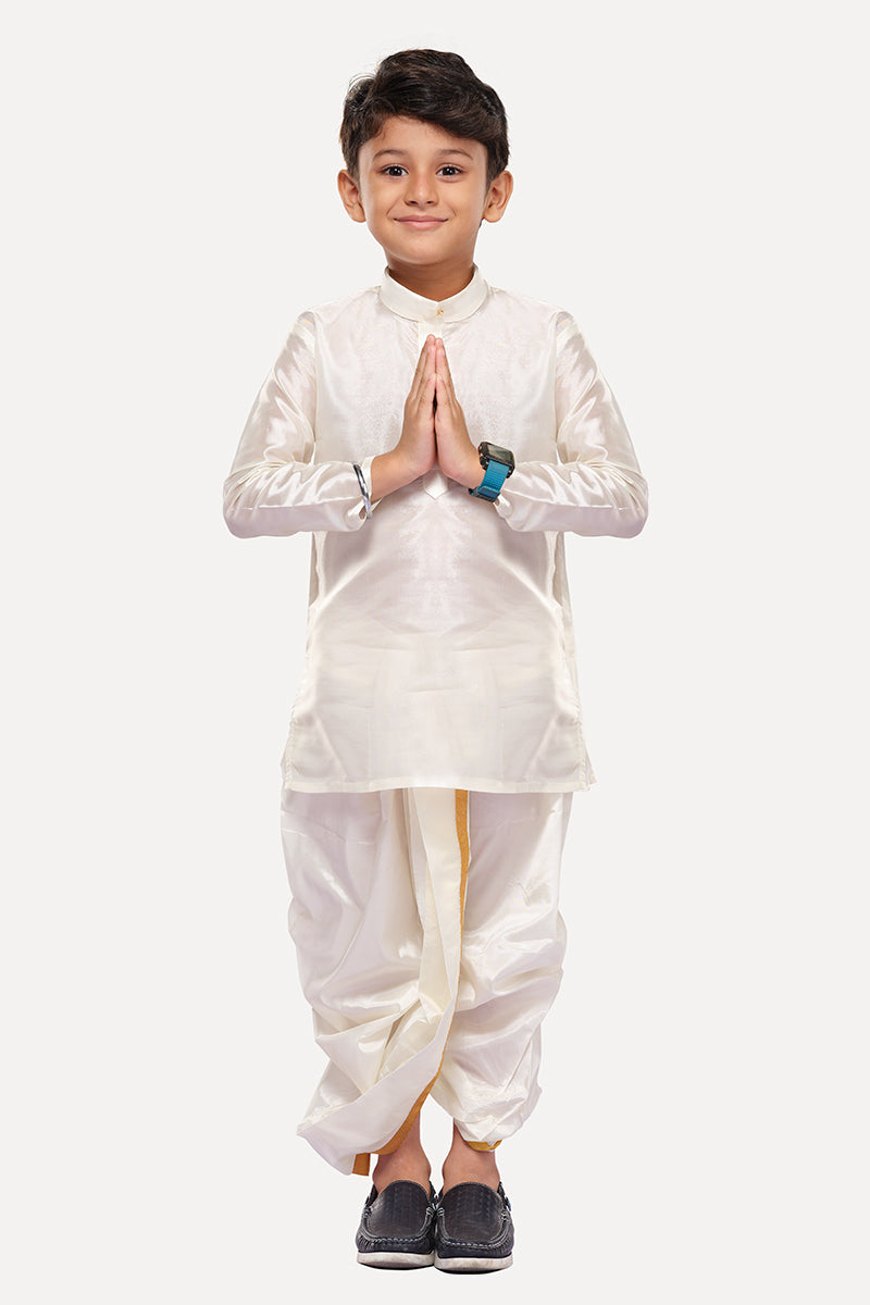 White Silk Kids Kurta + Panchakacham 2in1 Set