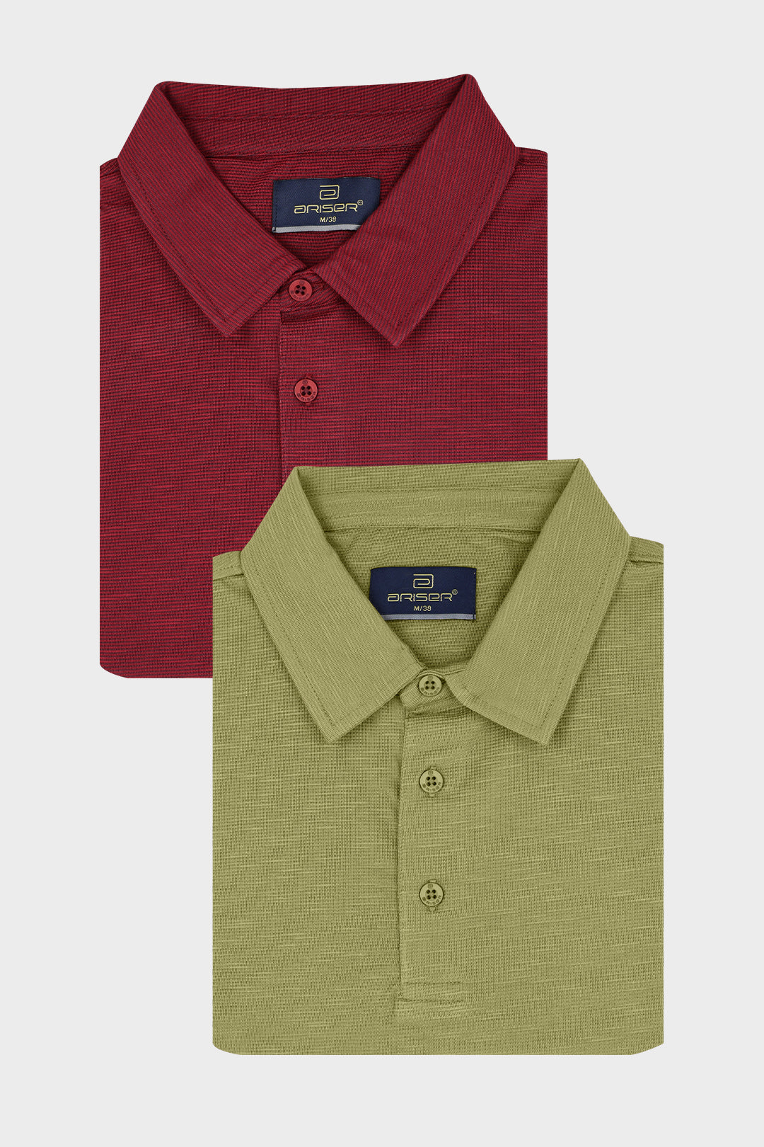 Two folded short-sleeve polo shirts on a light gray background: one in heathered burgundy red and one in heathered olive green. Each shirt shows a dark blue neck label with a white logo and the brand name 'Cordoni'.