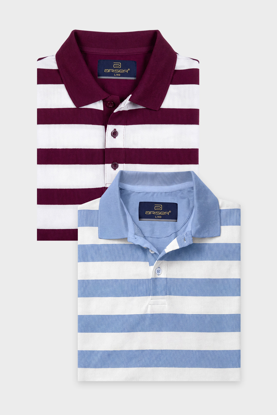 Two folded striped polo T-shirts on a light gray background. The top shirt has horizontal burgundy and white stripes with a burgundy collar.