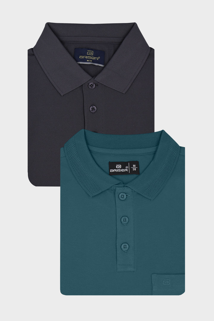 Two folded polo T-shirts from the brand Onyx, shown against a light gray background. The top shirt is a dark charcoal gray, and the bottom shirt is a teal blue-green.