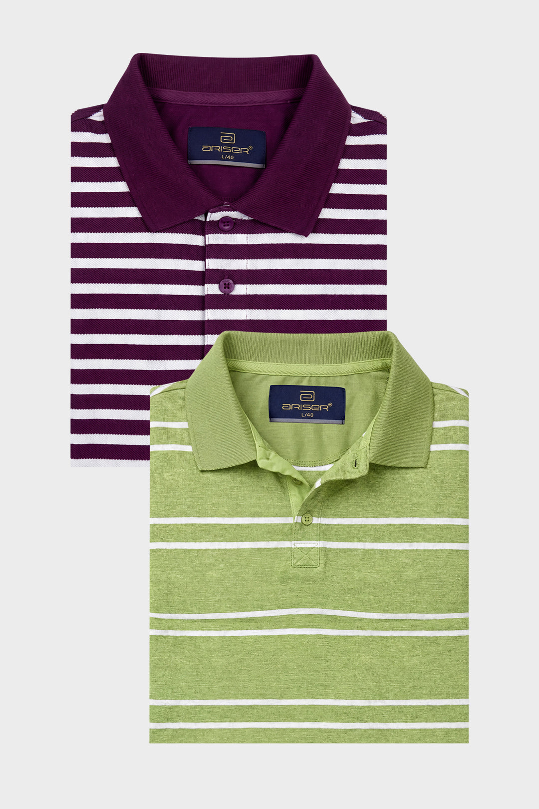 Two folded polo shirts from the brand Gritton, displayed on a light gray background. The top shirt is purple and white horizontally striped with a solid purple collar.