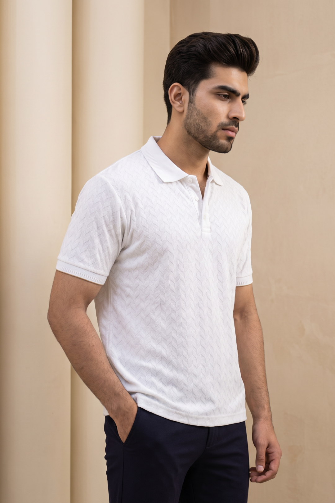 Fashion Polo + Monaco - Pure White T-Shirt With Dark Navy Trouser Combo For Men | Ariser
