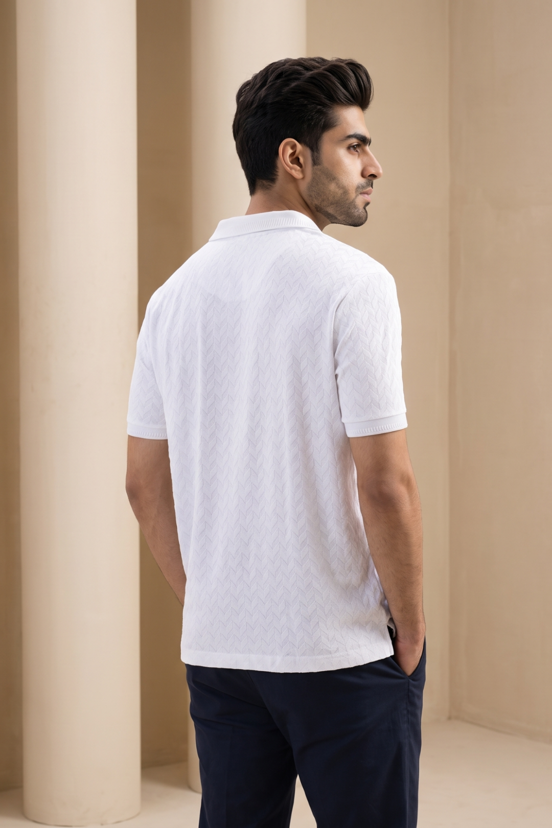 Fashion Polo + Monaco - Pure White T-Shirt With Dark Navy Trouser Combo For Men | Ariser