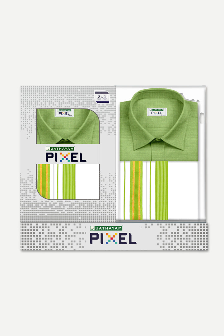 Pixel - Leaf Green Matching Shirt and Double Design Single Layered Fancy Border Dhoti Set For Men | Uathayam