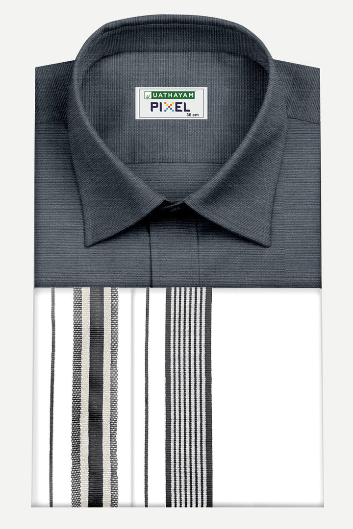 Pixel - Ash Gray Matching Shirt and Double Design Fancy Border Dhoti Set For Men | Uathayam