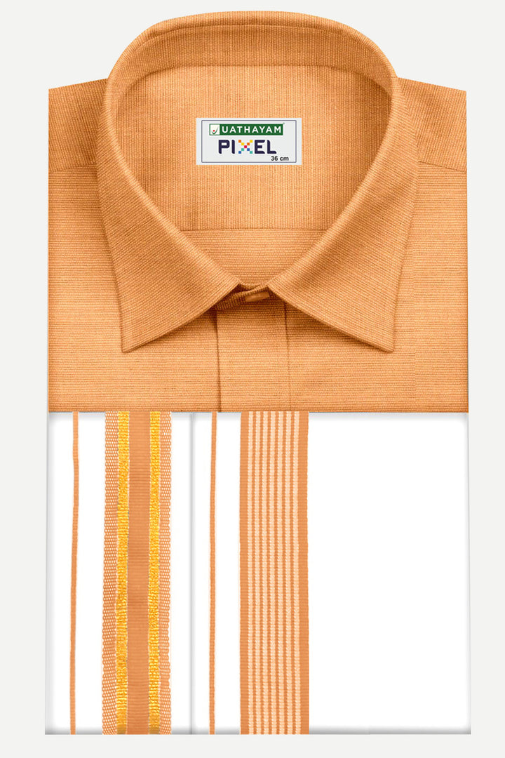 Pixel - Orange Matching Shirt and Double Design Fancy Border Dhoti Set For Men | Uathayam