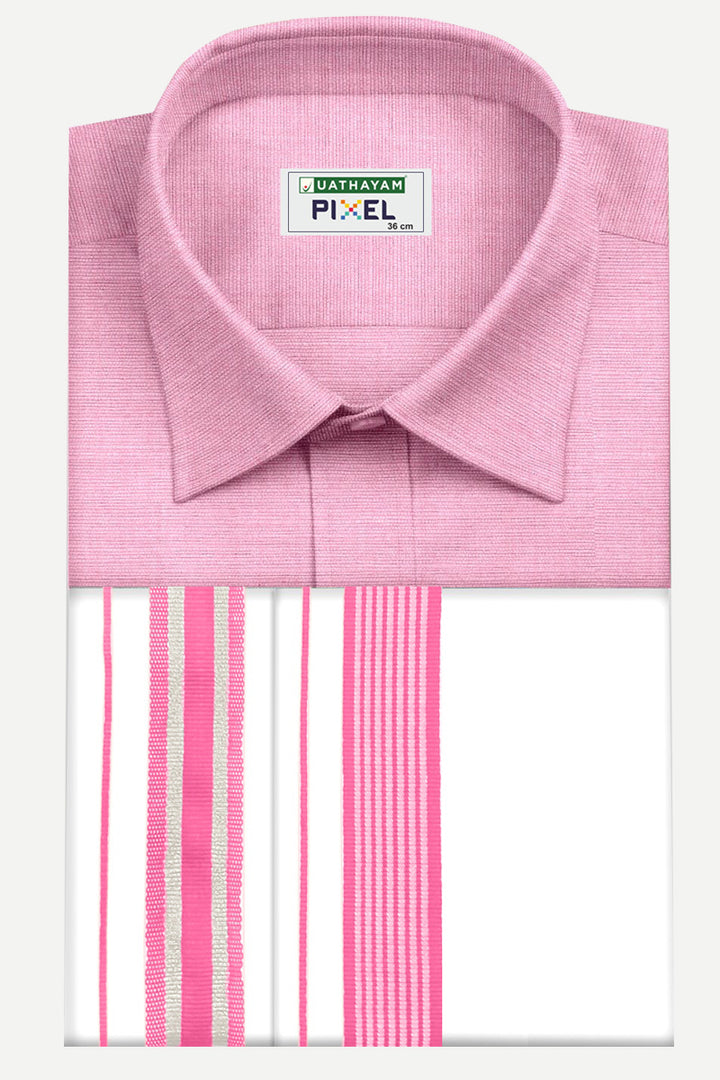 Pixel - Pink Matching Shirt and Double Side Fancy Border Dhoti Set For Men | Uathayam