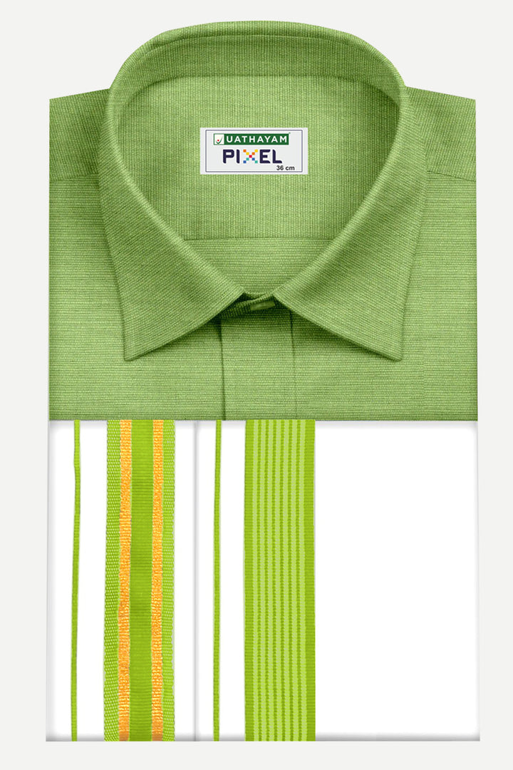 Pixel - Leaf Green Matching Shirt and Double Design Fancy Border Dhoti Set For Men | Uathayam