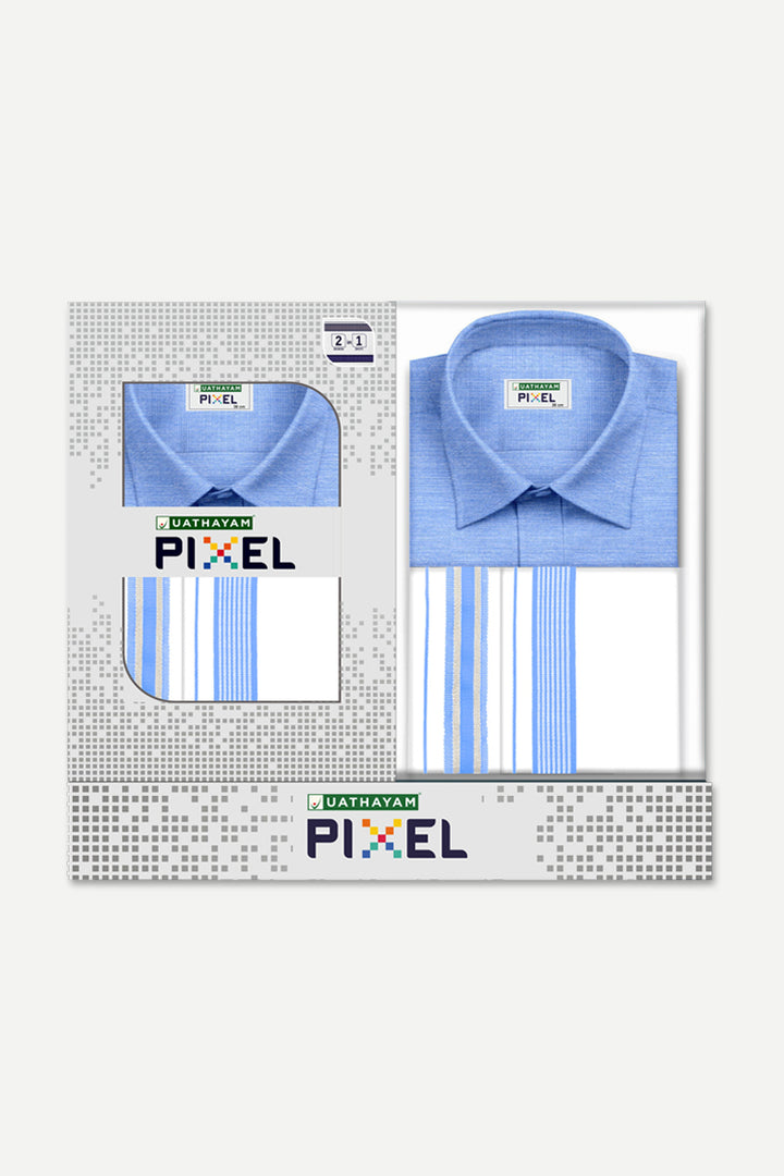 Pixel - Pastel Blue Matching Shirt and Double Design Fancy Border Dhoti Set For Men | Uathayam