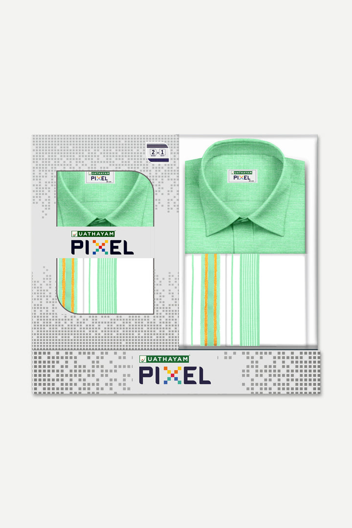 Pixel - Bright Green Matching Shirt and Double Design Fancy Border Dhoti Set For Men | Uathayam