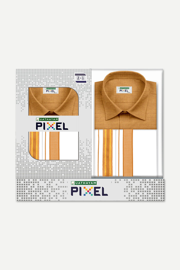 Pixel - Mustard Gold Matching Shirt and Double Design Fancy Border Dhoti Set For Men | Uathayam