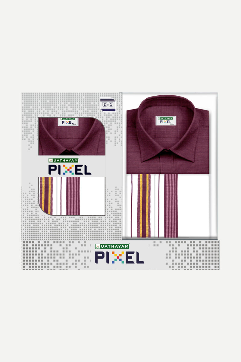 Pixel - Plum Red Matching Shirt and Double Side Fancy Border Dhoti Set For Men | Uathayam