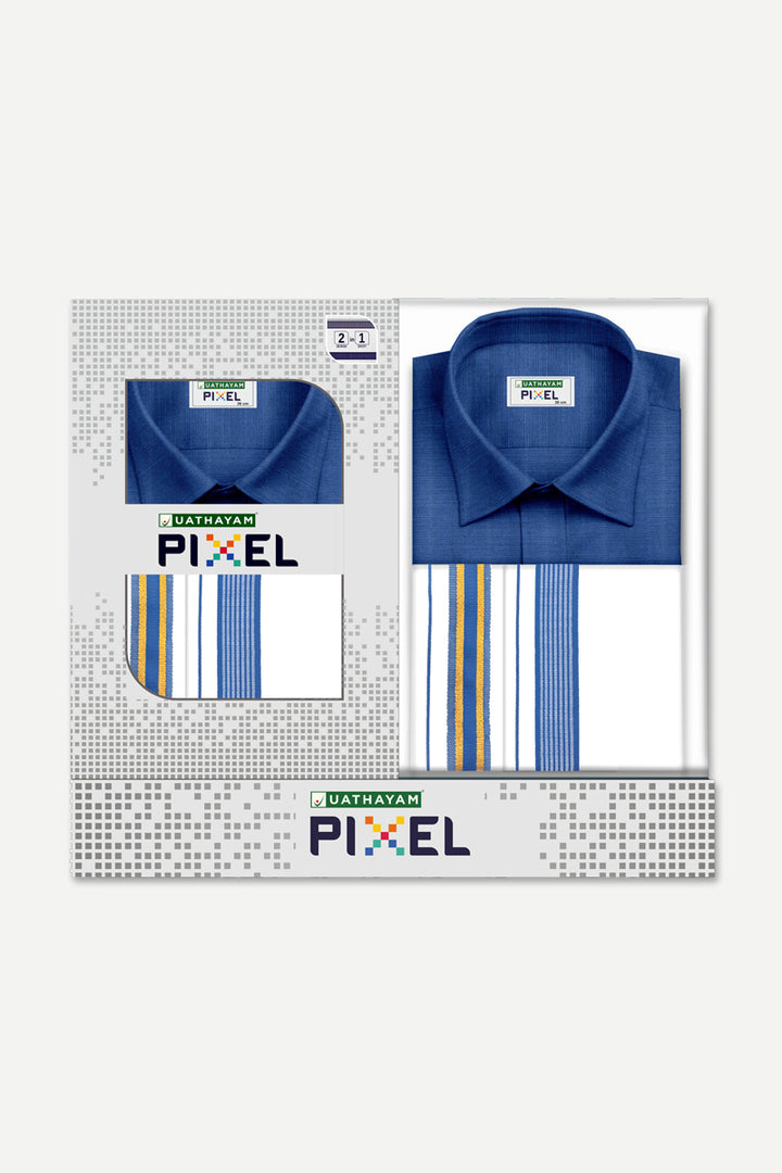 Pixel - Navy Blue Matching Shirt and Double Design Fancy Border Dhoti Set For Men | Uathayam