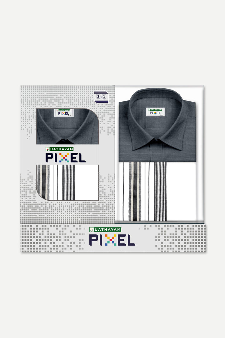 Pixel - Ash Gray Matching Shirt and Double Design Single Layered Fancy Border Dhoti Set For Men | Uathayam