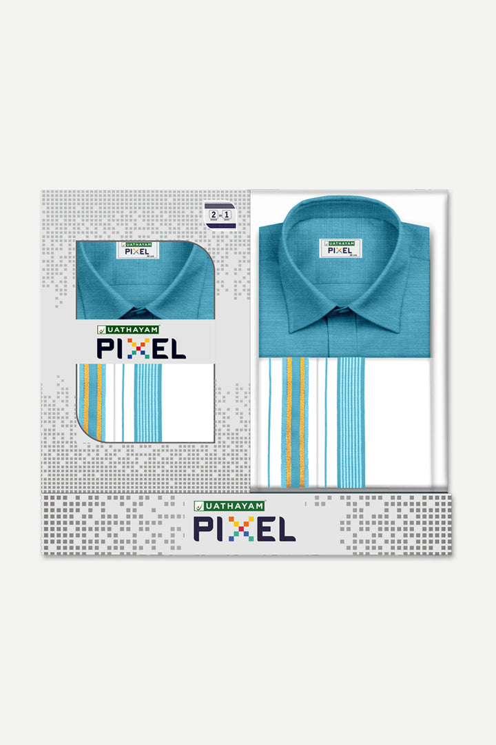 Pixel - Ramar Blue Matching Shirt and Double Side Fancy Border Dhoti Set For Men | Uathayam