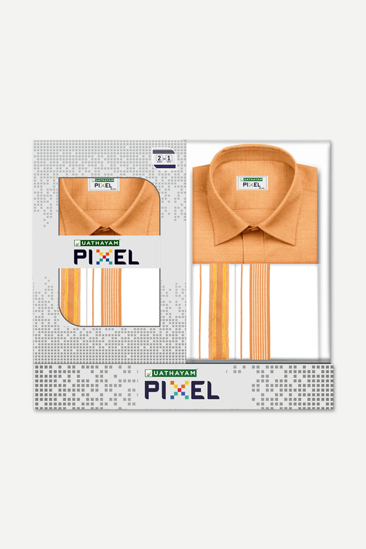 Pixel - Orange Matching Shirt and Double Design Fancy Border Dhoti Set For Men | Uathayam