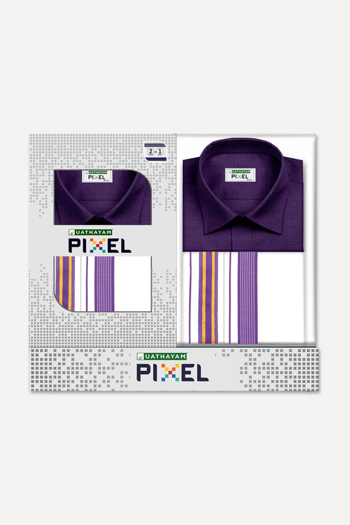 Pixel - Dark Violet Matching Shirt and Double Design Fancy Border Dhoti Set For Men | Uathayam