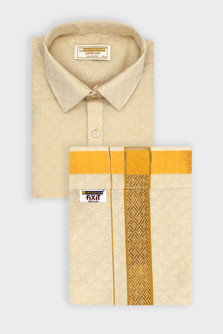 Vaibhav Grand - Gold Diamond Design Shirt and Jacquard Dhoti Tissue Set 2 In 1 For Men | Uathayam