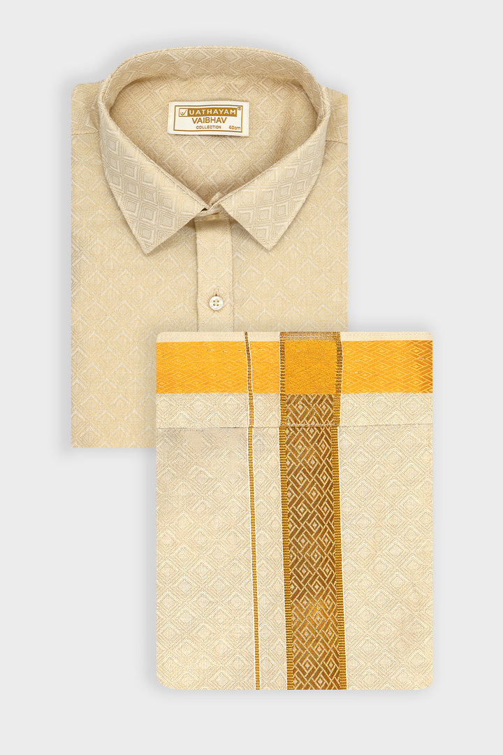 Vaibhav Grand - Gold Diamond Design Shirt and Jacquard Dhoti Tissue Set 2 In 1 For Men | Uathayam