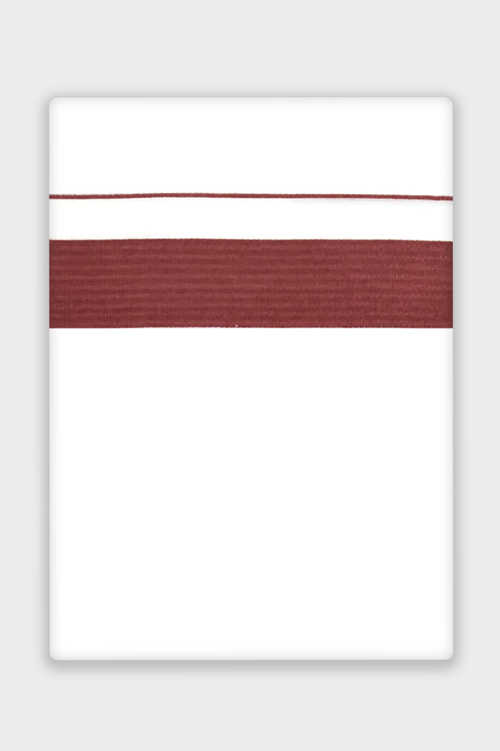A white dhoti with a matching border, displayed against a light gray background.