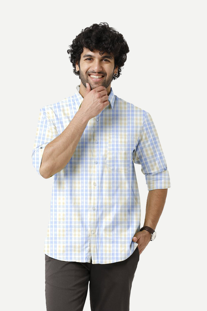 Vista - Blue With Sandal Checked Shirts For Mens | Ariser