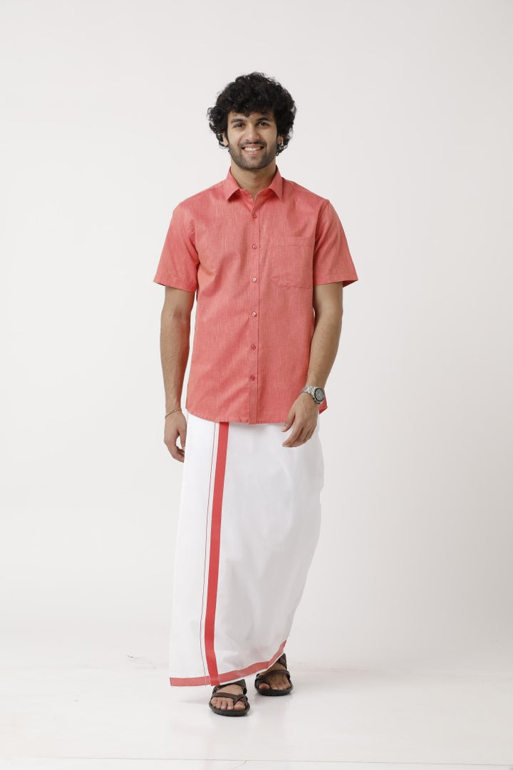 UATHAYAM Varna Matching Dhoti & Shirt Set Half Sleeves Dark Rose-11030